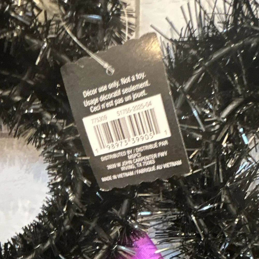 Ashland Artificial Halloween Black Tinsel Cat Wreath Purple Bow, 16 Inch